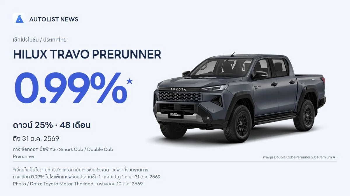ภาพ Hilux Travo Double Cab Prerunner 2.8 Premium AT จากแคตตาล็อก AUTOLIST ประกอบกราฟิกเงื่อนไขดอกเบี้ย 0.99 เปอร์เซ็นต์ ดาวน์ 25 เปอร์เซ็นต์ ผ่อน 48 เดือน
